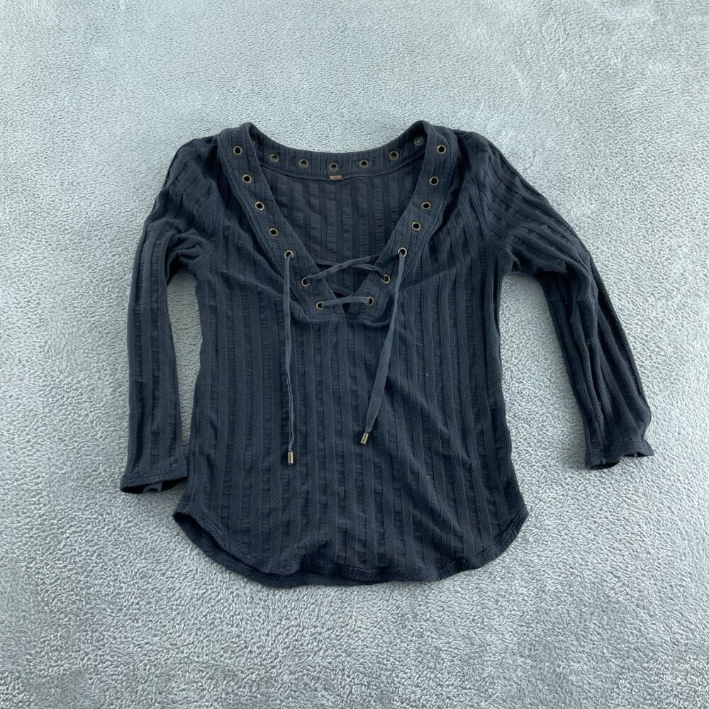 Free People Lace-Up Ribbed Knit Top W/ Grommets Long Sleeve Gray Size S 5353